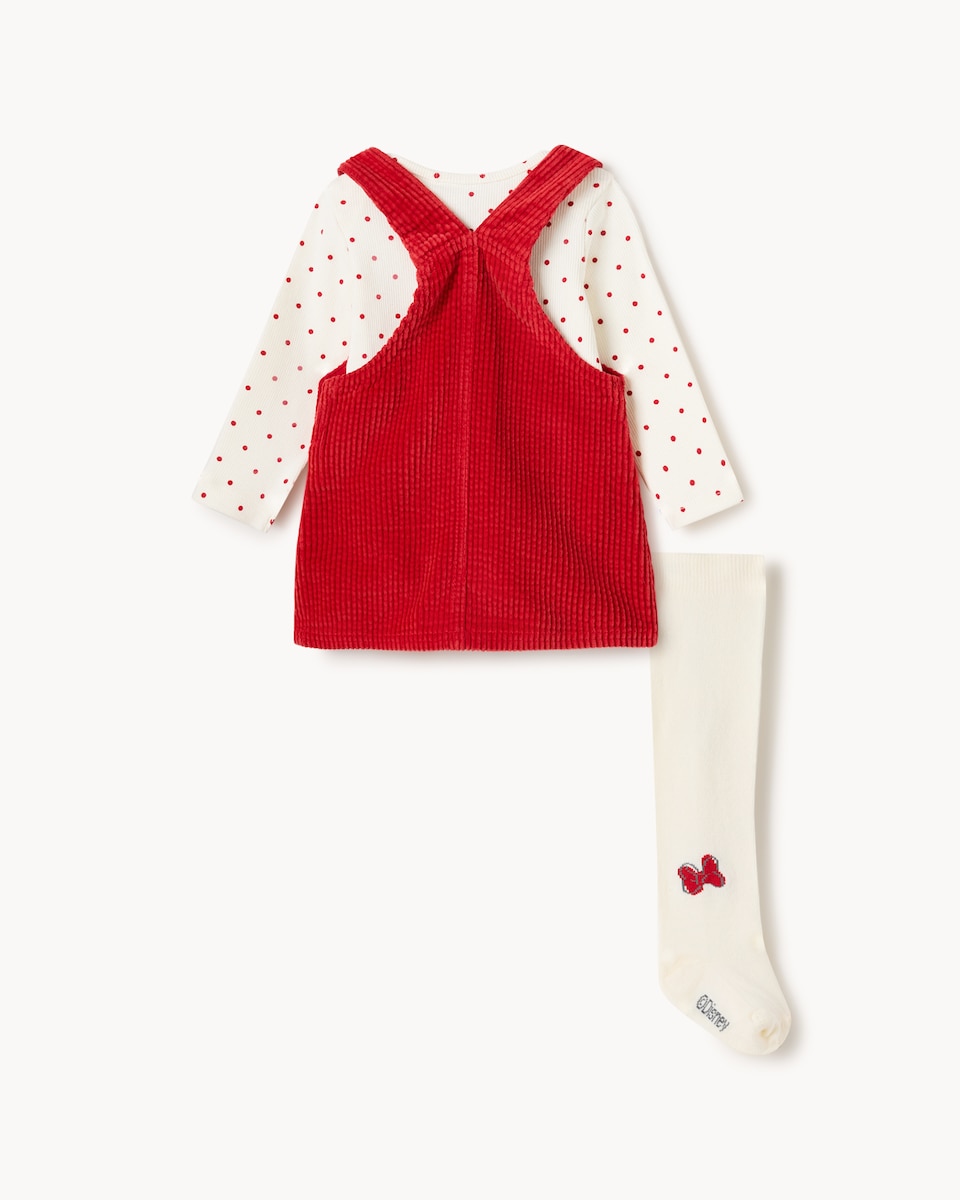 image 1 of Disney Minnie Mouse Corduroy Pinafore, Bodysuit and Tights Set in Red