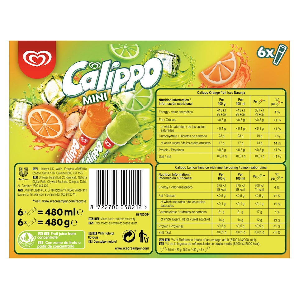 image 1 of Walls Calippo Mini Orange Lemon & Lime 6 X 80Ml