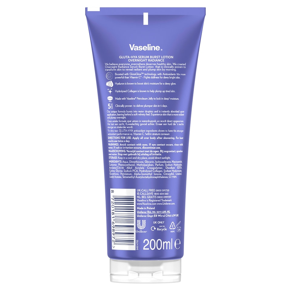 image 1 of Vaseline Gluta-Hya Overnight Radiance Body Lotion Moisturiser 200ml