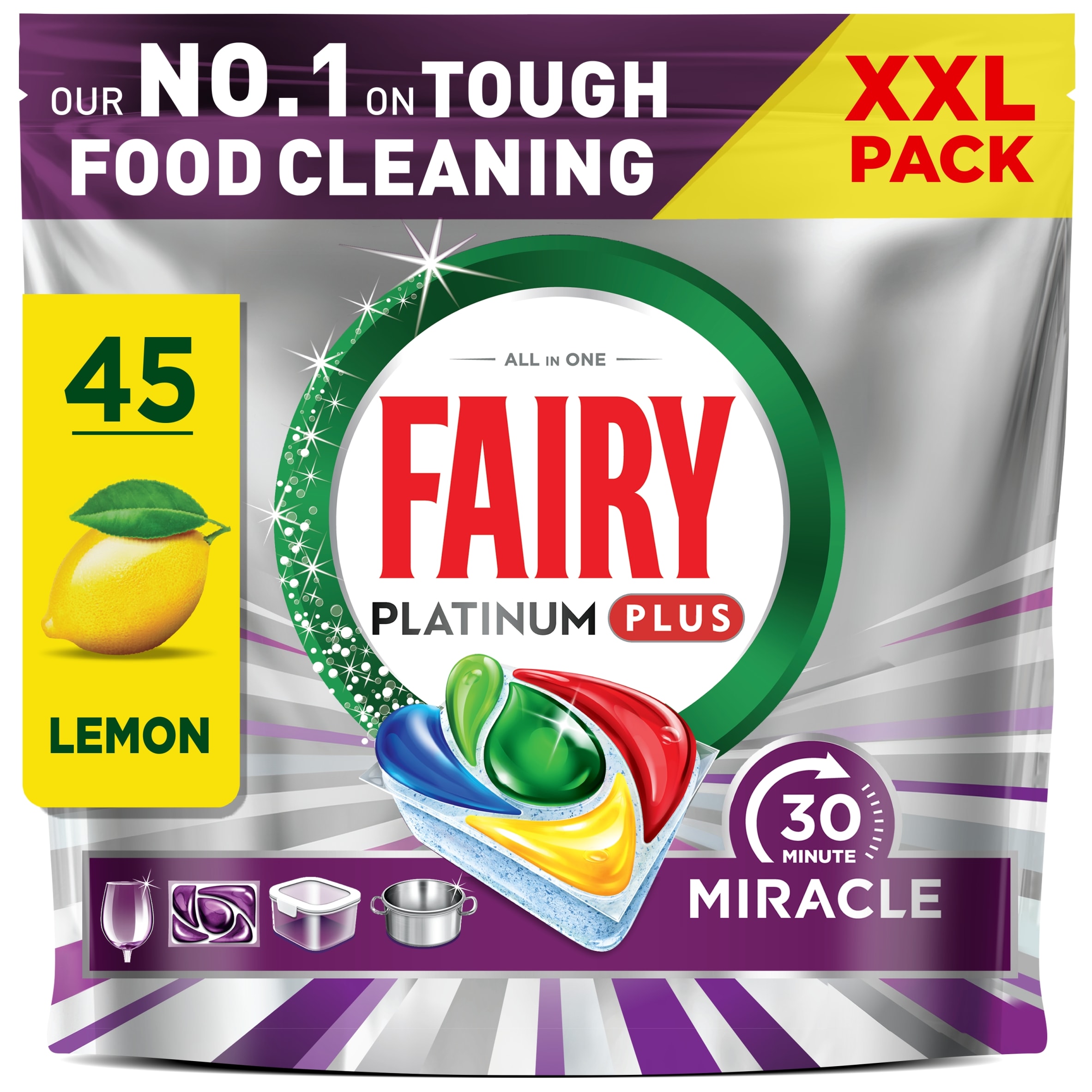 Fairy Platinum Plus 30 Minute Miracle Lemon 45 Dishwasher Tablets 741g