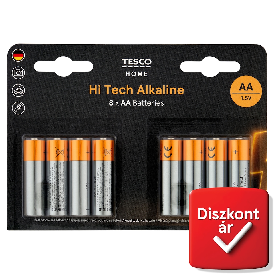 Tesco Home Hi Tech AA LR6 1,5 V nagy teljesítményű alkáli elem 8 db