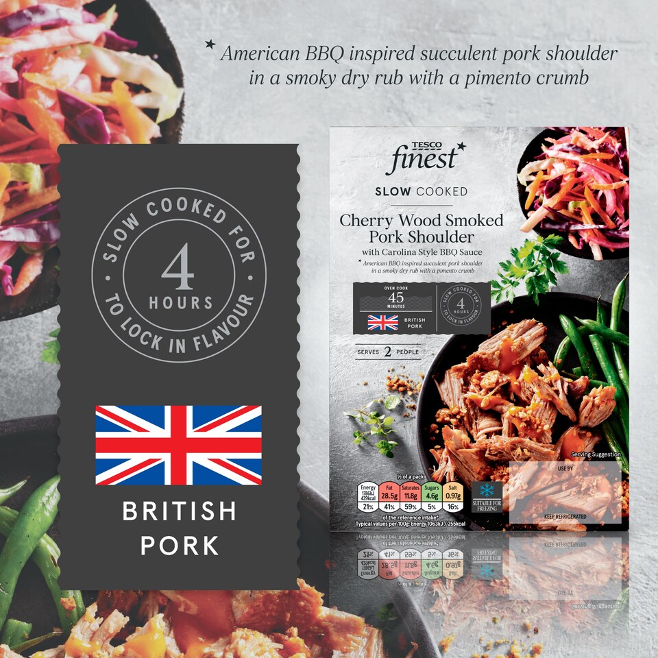 image 1 of Tesco Finest Slow Cooked Cherrywood Smoked Pork Shoulder with Carolina BBQ sauce 467g
