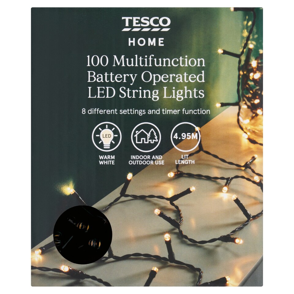 image 1 of Tesco 100 Battery Warm White Timer Christmas Lights