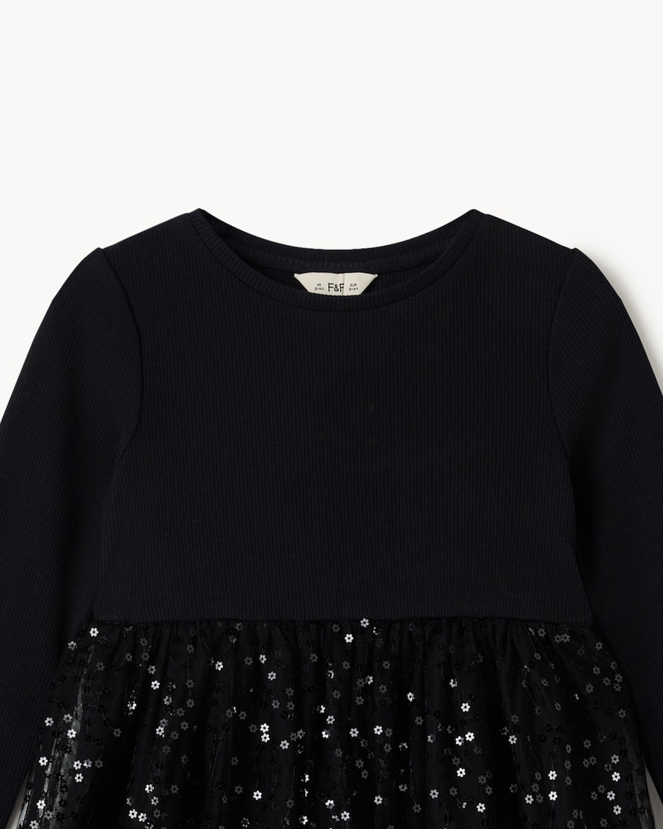 image 1 of F&F Girls Cotton Rich Sequin Tutu Dress in Black