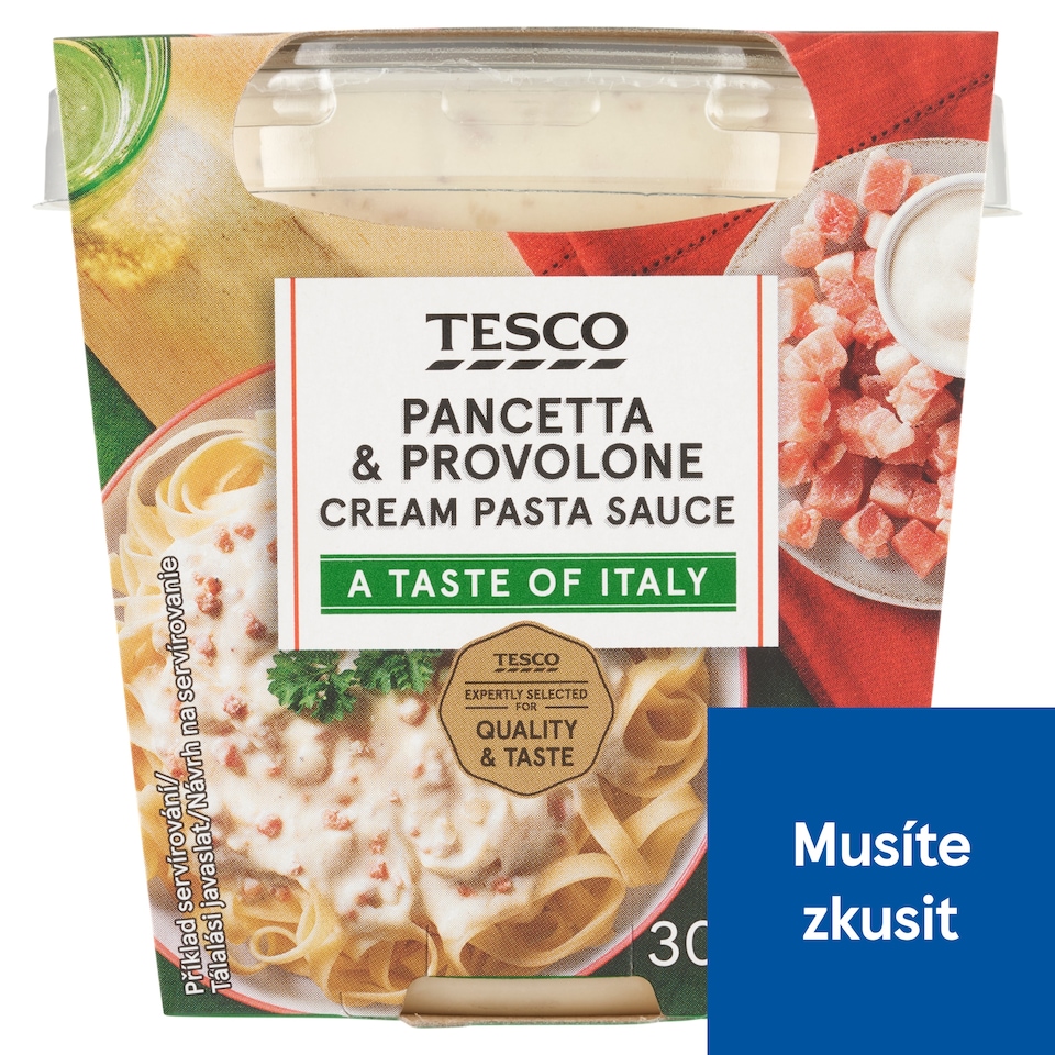 Tesco Omáčka se smetanou, sýrem provolone a uzenou pancettou 300g