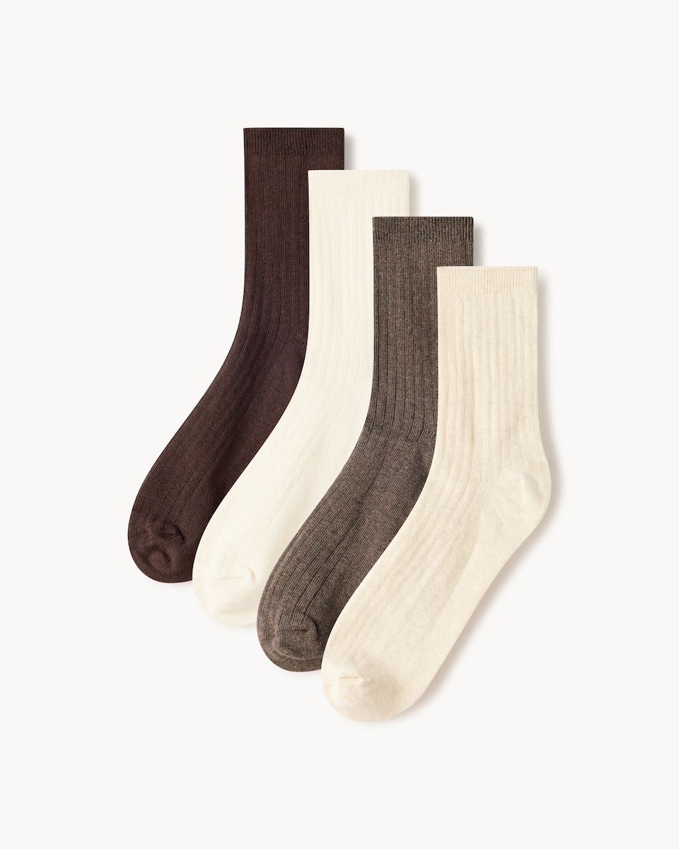 F&F 4-Pack Cotton Rich Ribbed Ankle Socks in Tan