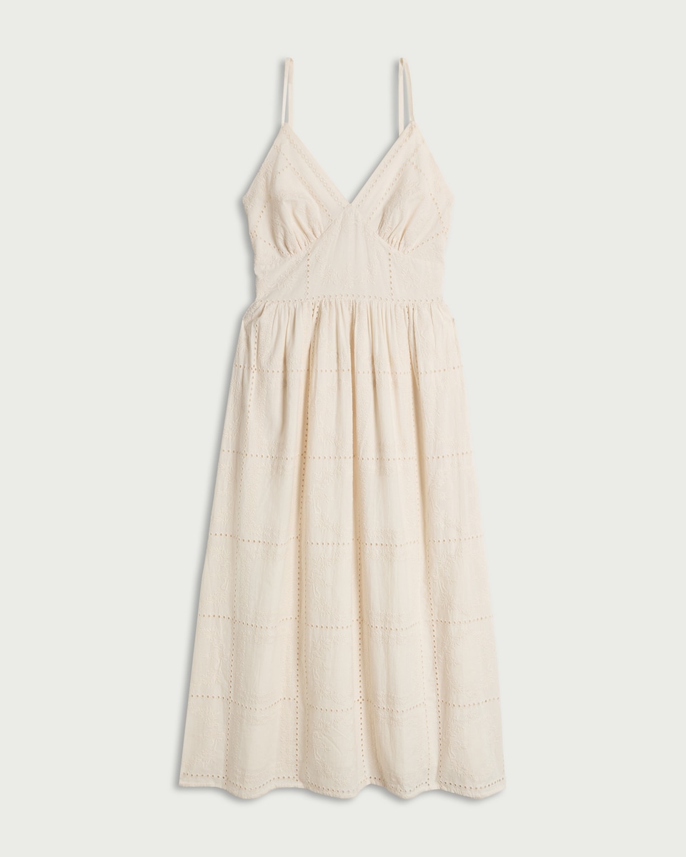image 1 of The F&F Edit Pure Cotton Embroidered Patchwork Midi Dress in Cream