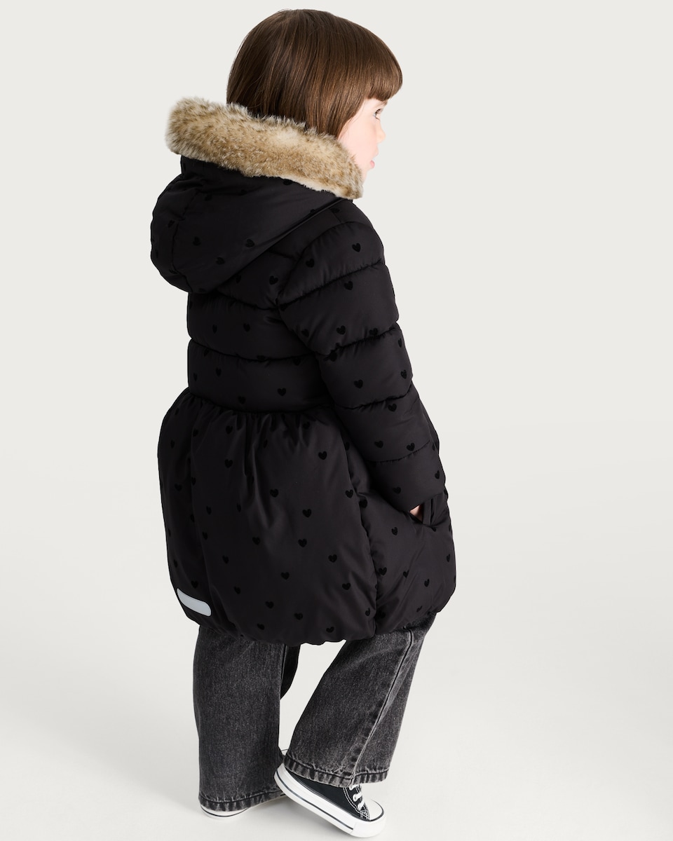 image 1 of F&F Girls Heart Print Faux Fur Hooded Puffer Coat in Black