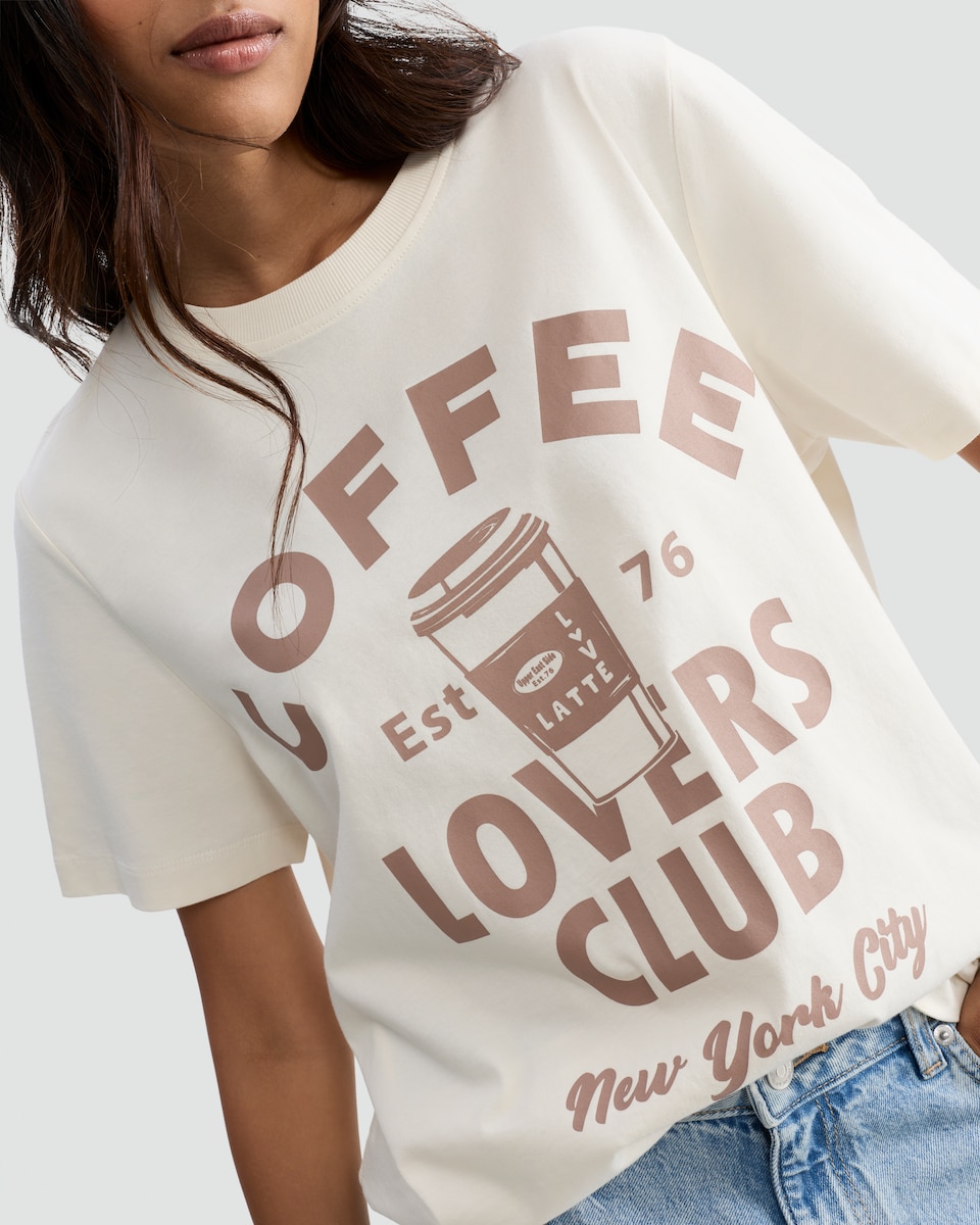 image 1 of F&F Pure Cotton Coffee Lovers Club Print T-Shirt in Cream