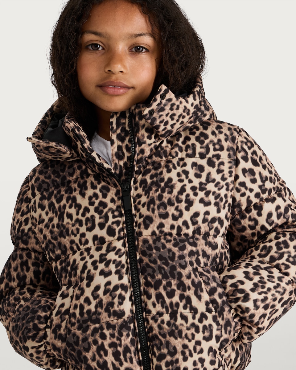 image 1 of F&F Girls Cropped Leopard Print Hooded Shower Resistant Jacket in Multi Brown
