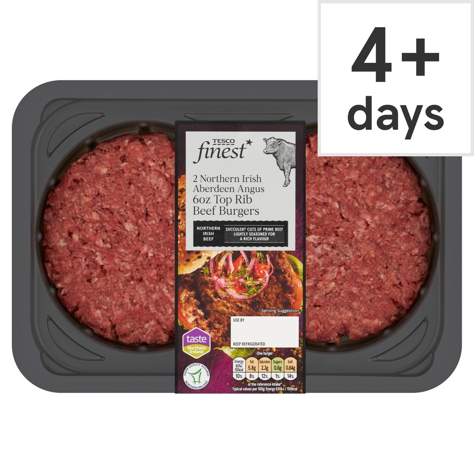 Tesco Finest 2 Northern Irish Aberdeen Angus 6oz Top Rib Beef Burgers 340g