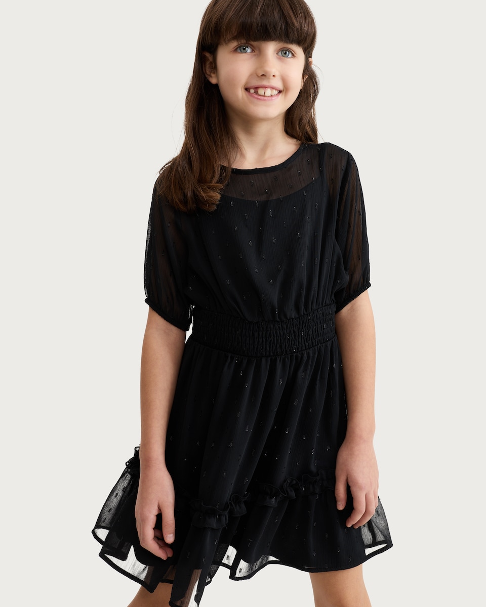 image 1 of F&F Girls Textured Smocked Waist Short Sleeved Dress in Black