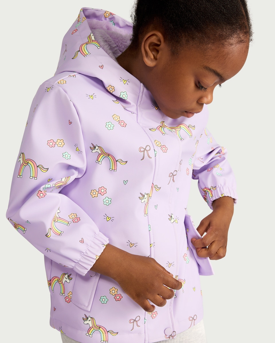 image 1 of F&F Girls Unicorn Print Raincoat in Lilac