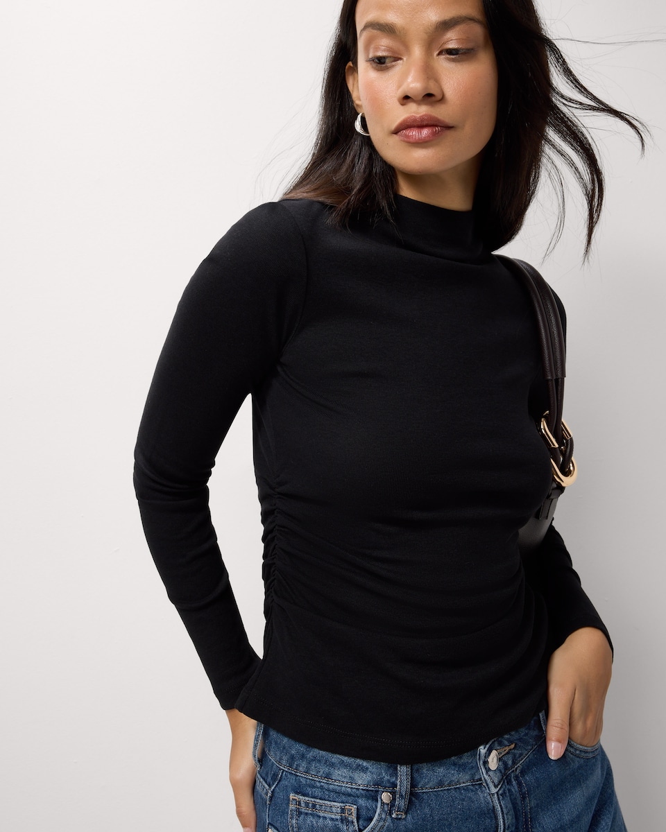 image 1 of F&F Ruched Side Long Sleeved Top in Black