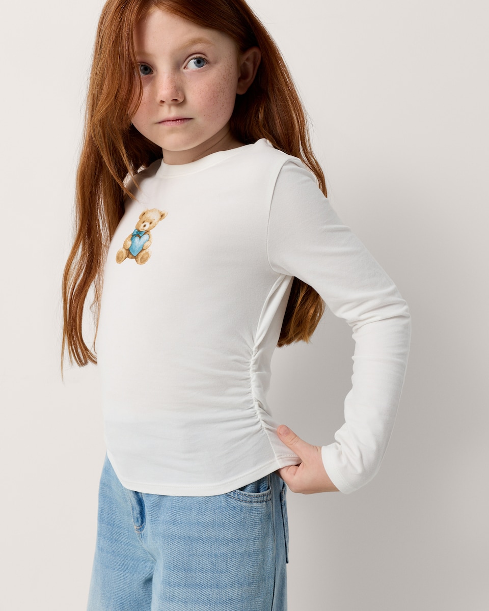 image 1 of F&F Girls Cotton Rich Teddy Bear Ruched Sides Top in White