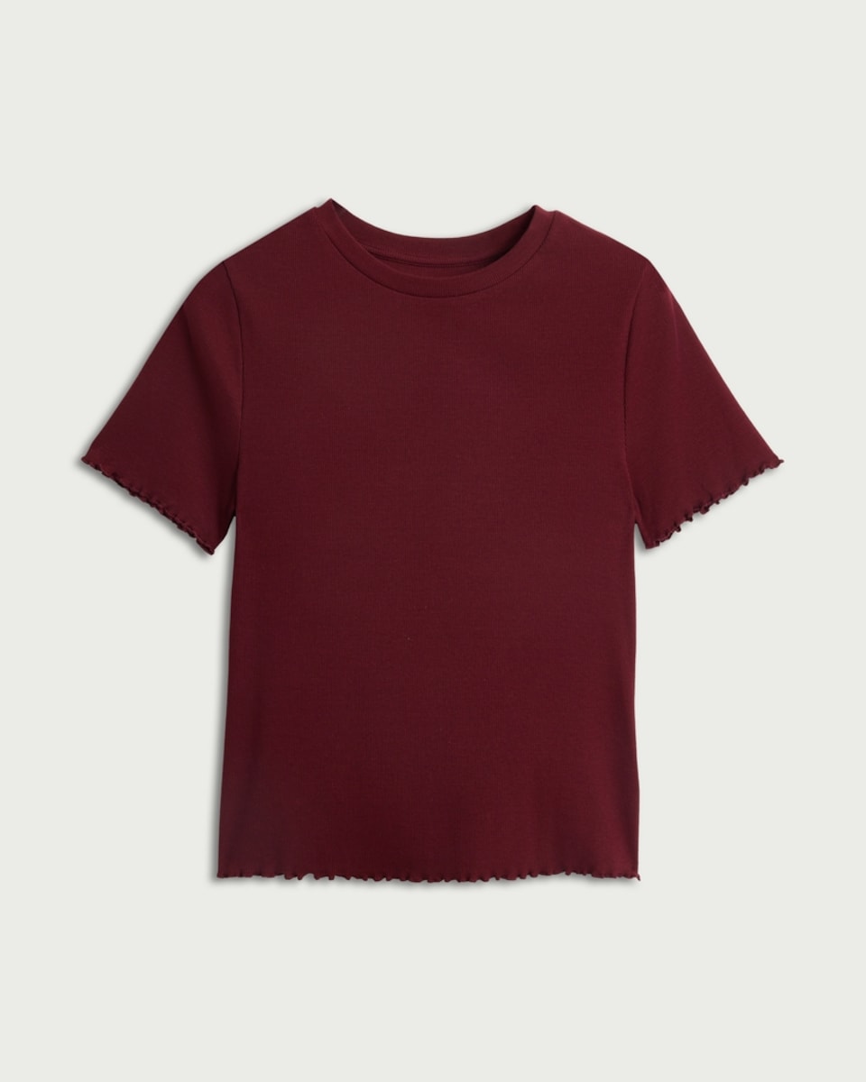 image 1 of F&F Cotton Rich Lettuce Hem T-Shirt in Burgundy