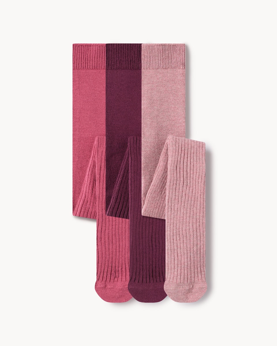 F&F Girls 3-Pack Cotton Blend Ribbed Tights in Berry