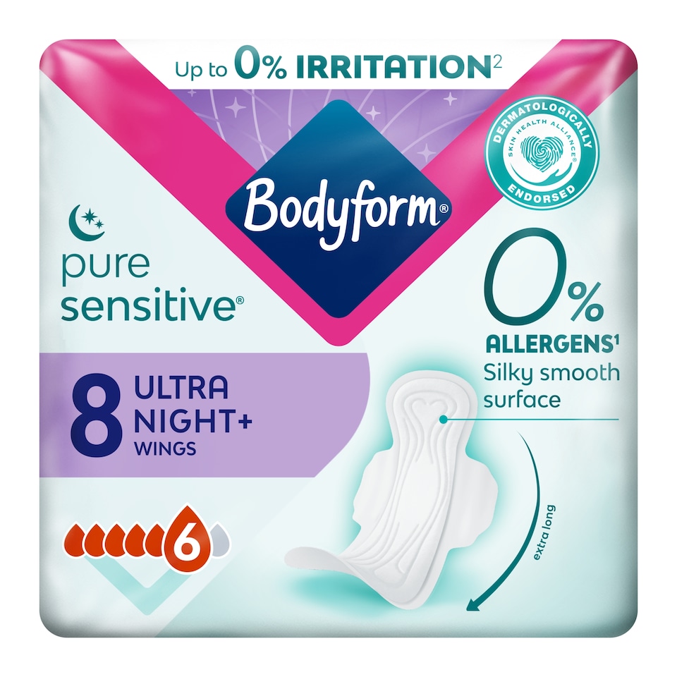image 1 of Bodyform Pure Sensitive Ultra Night Sanitary Towels Wings 8 pack