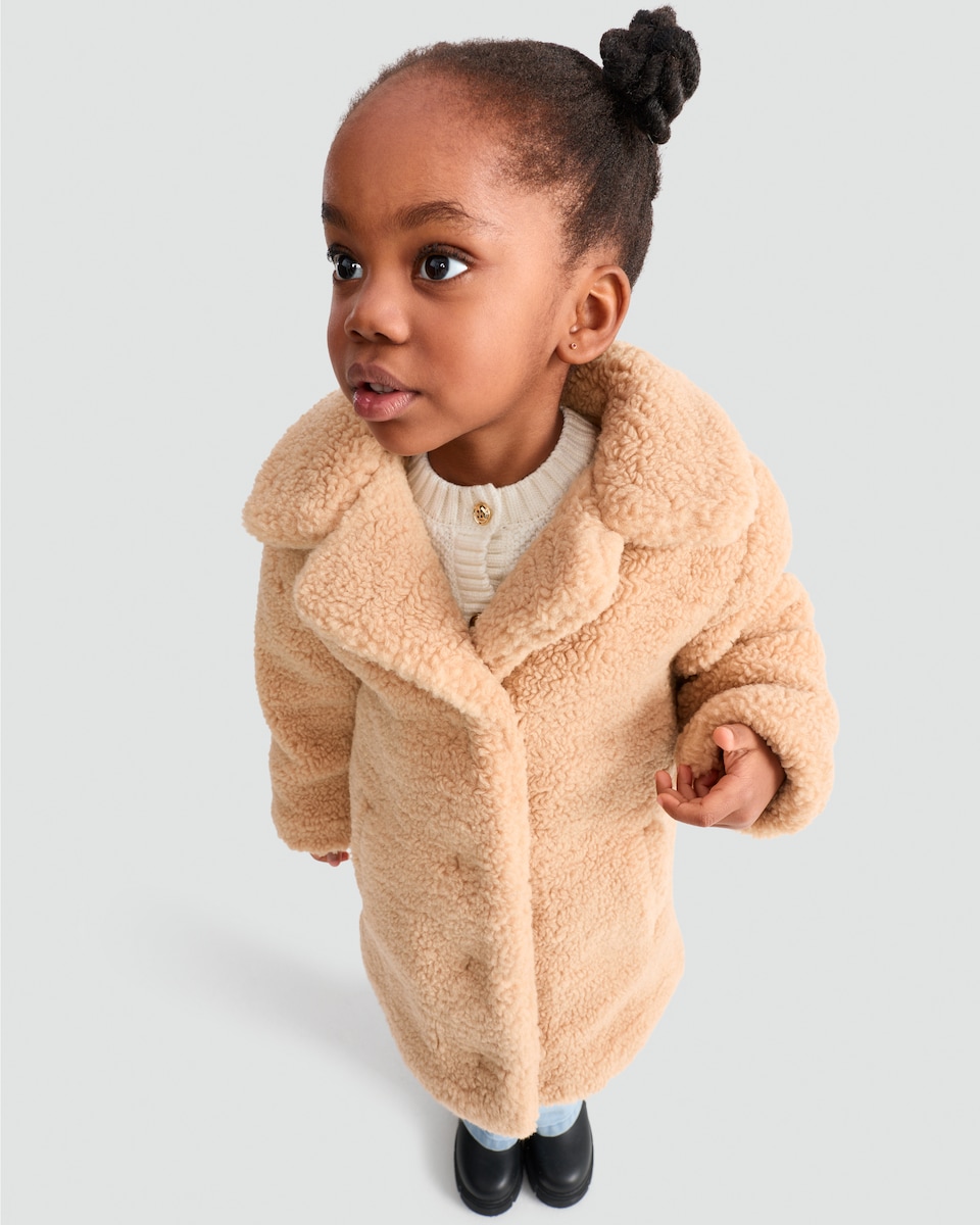 image 1 of F&F Girls Fleece Textured Teddy Coat in Light Nude