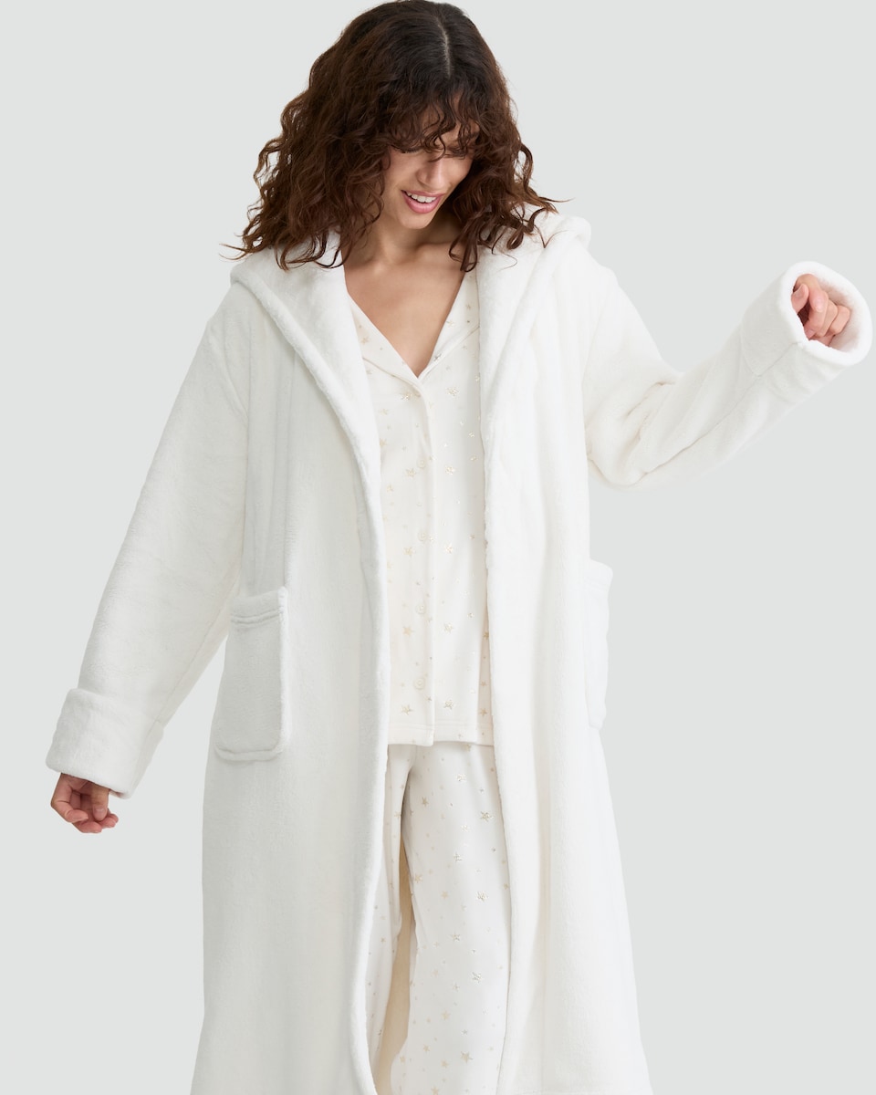 image 1 of F&F Fleece Hooded Dressing Gown in Cream
