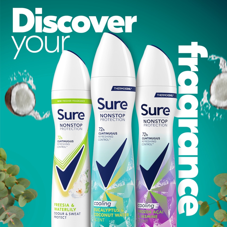 image 1 of Sure  Eucalyptus & Coconut Water Scent 72h continuous Nonstop protection Antiperspirant Deodorant 250ml