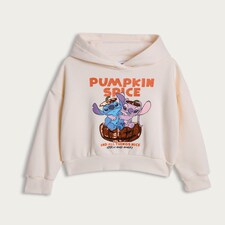 Disney Stitch and Angel Pumpkin Spice Print Cotton Rich Hoodie in Cream
