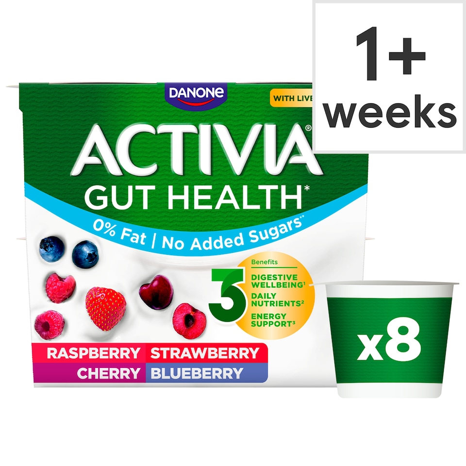 image 1 of Activia Strawberry & Red Fruit Fat Free Gut Health Yoghurt Multipack 8x115g 