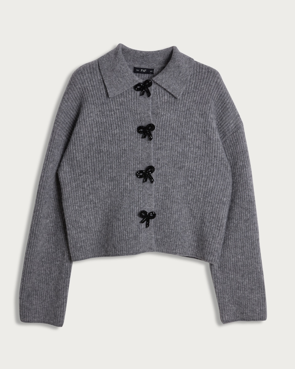 image 1 of F&F Ribbed Knit Bow Fastening Cardigan in Grey