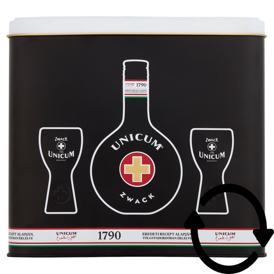Zwack Unicum Herb Liqueur with 2 Glasses in Metal Gift Case 40% 0,5 l