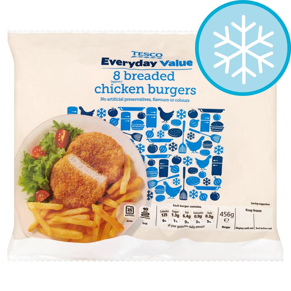 Tesco Every Day Value 8 Breaded Chicken Burgers 456G
