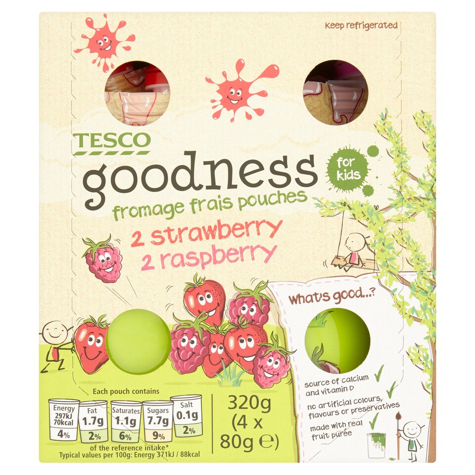Tesco Goodness Pouches Strawberry And Raspberry 4X80g