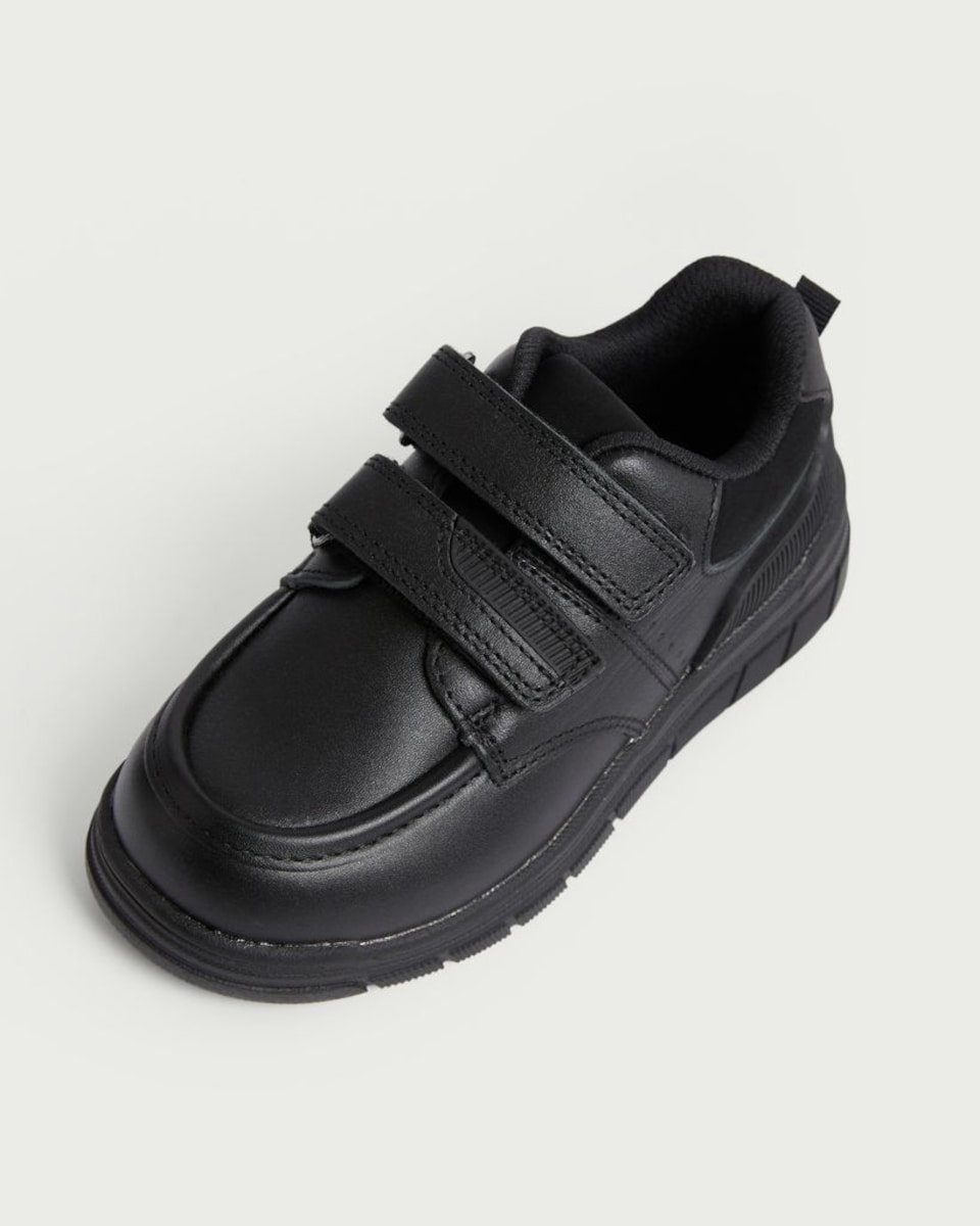 image 1 of F&F School Boys Leather Strap Fastening Trainers in Black