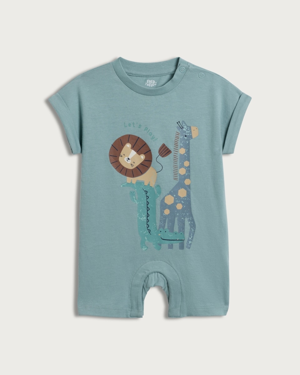 F&F Baby Pure Cotton Let's Play Animal Print Short Sleeved Romper in Blue