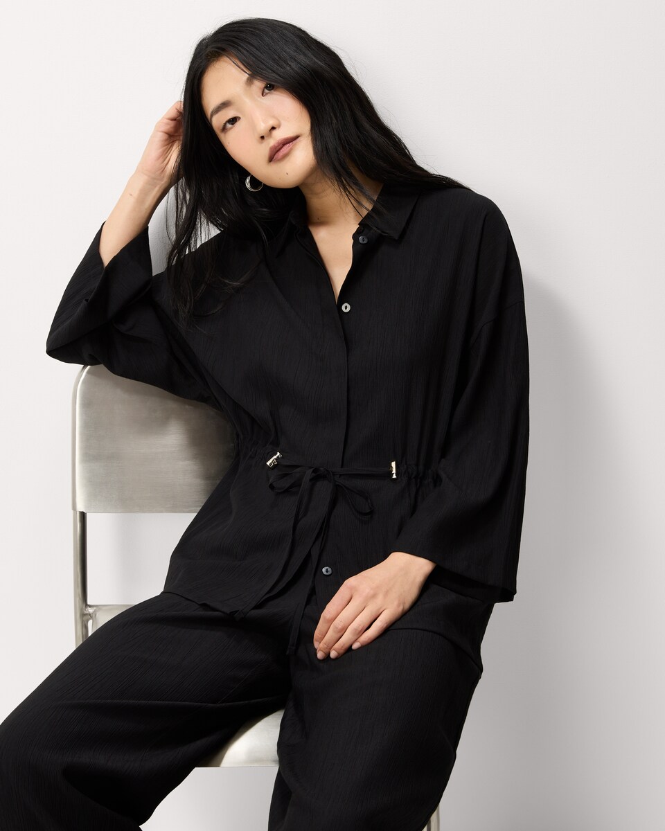 image 1 of F&F Textured Tie Waist Co-ord Blouse in Black