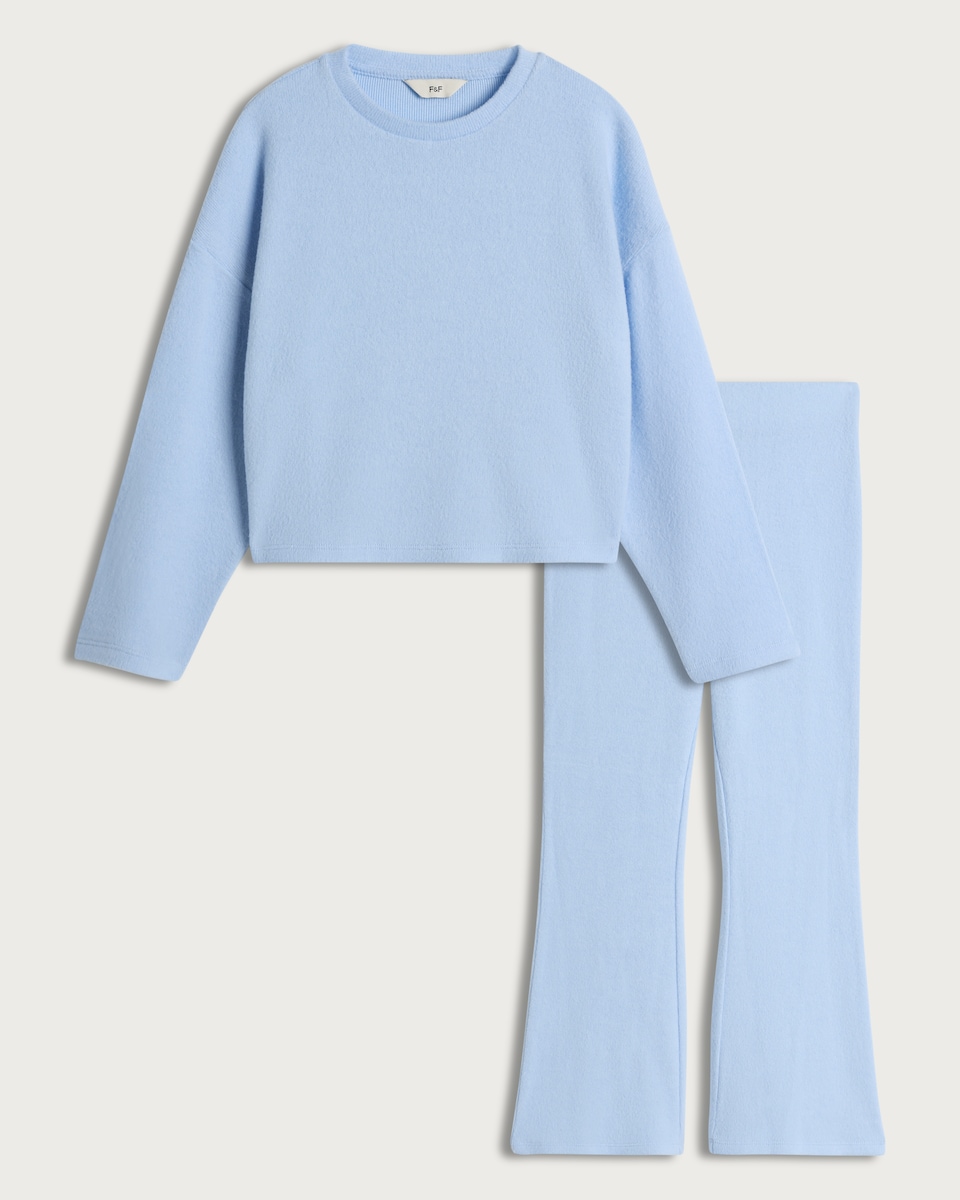 image 1 of F&F Girls 2-Piece Fluffy Textured Jumper and Leggings Set in Blue
