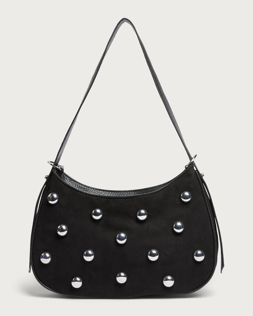 image 1 of SACHA Faux Suede Studded Shoulder Bag in Black
