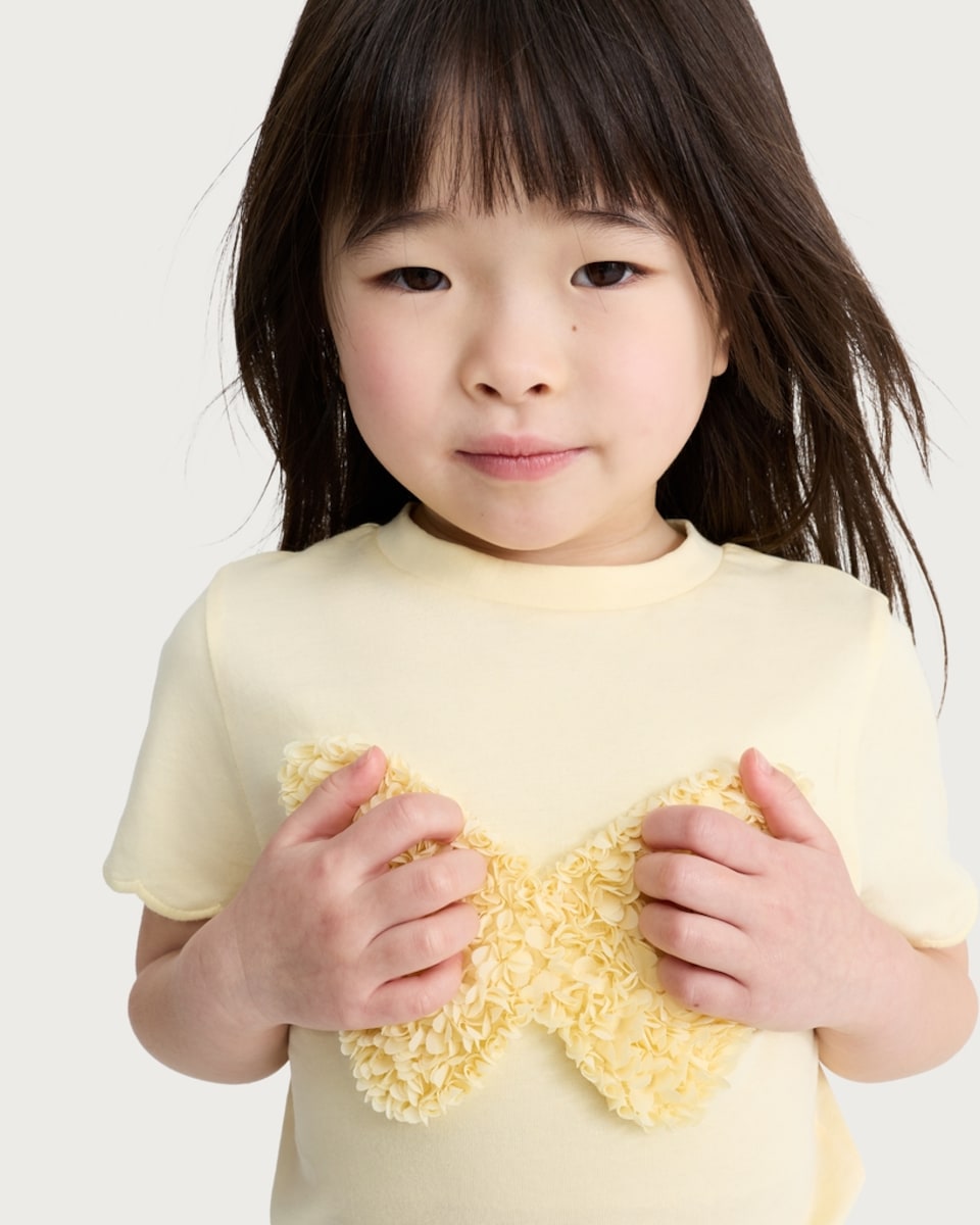 image 1 of F&F Girls Pure Cotton Butterfly Appliqué T-Shirt in Yellow