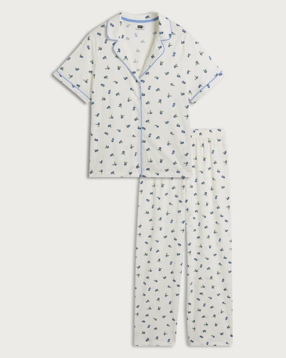 image 1 of F&F Pure Cotton Blueberry Print Pyjama Set in Multi White