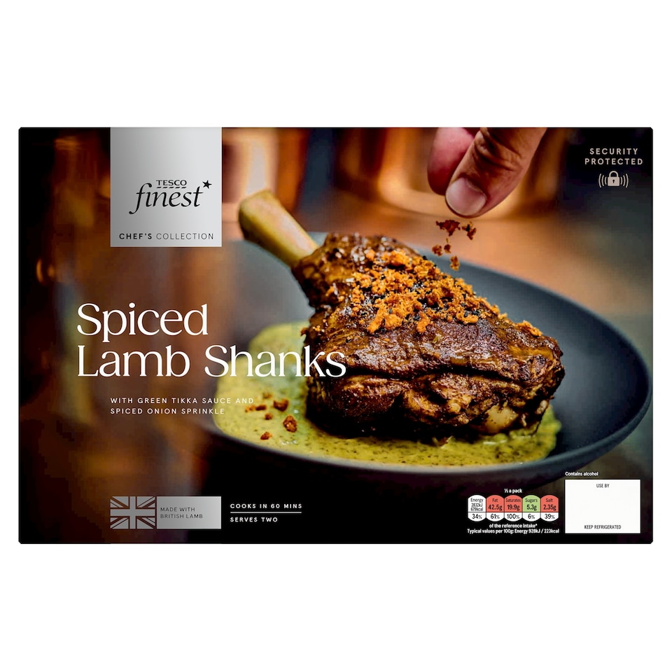 image 1 of Tesco Finest Chef's Collection Sikandari Spiced Lamb Shanks with Green Tikka Sauce and Spiced Onion Sprinkle 995g