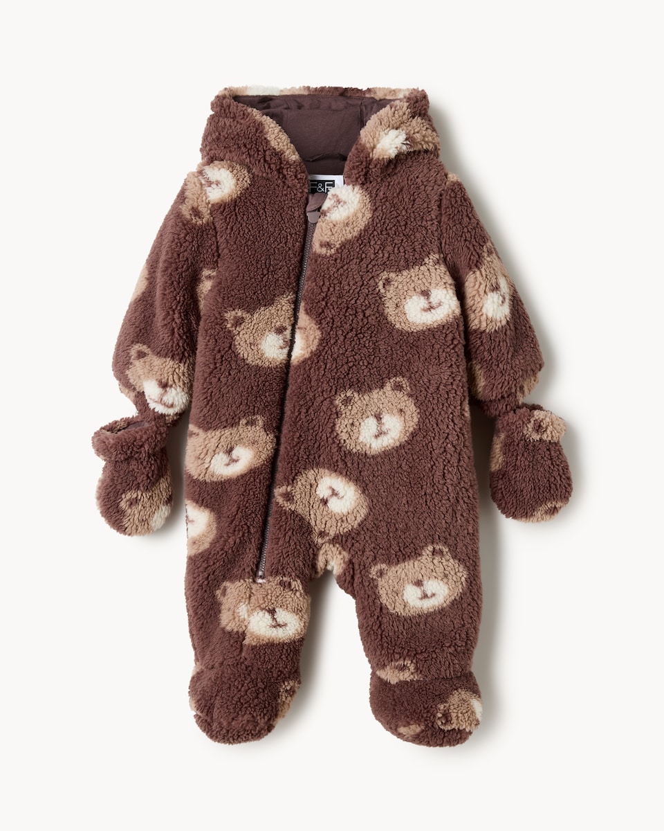 image 1 of F&F Baby Fleece Bear Print Pramsuit in Brown