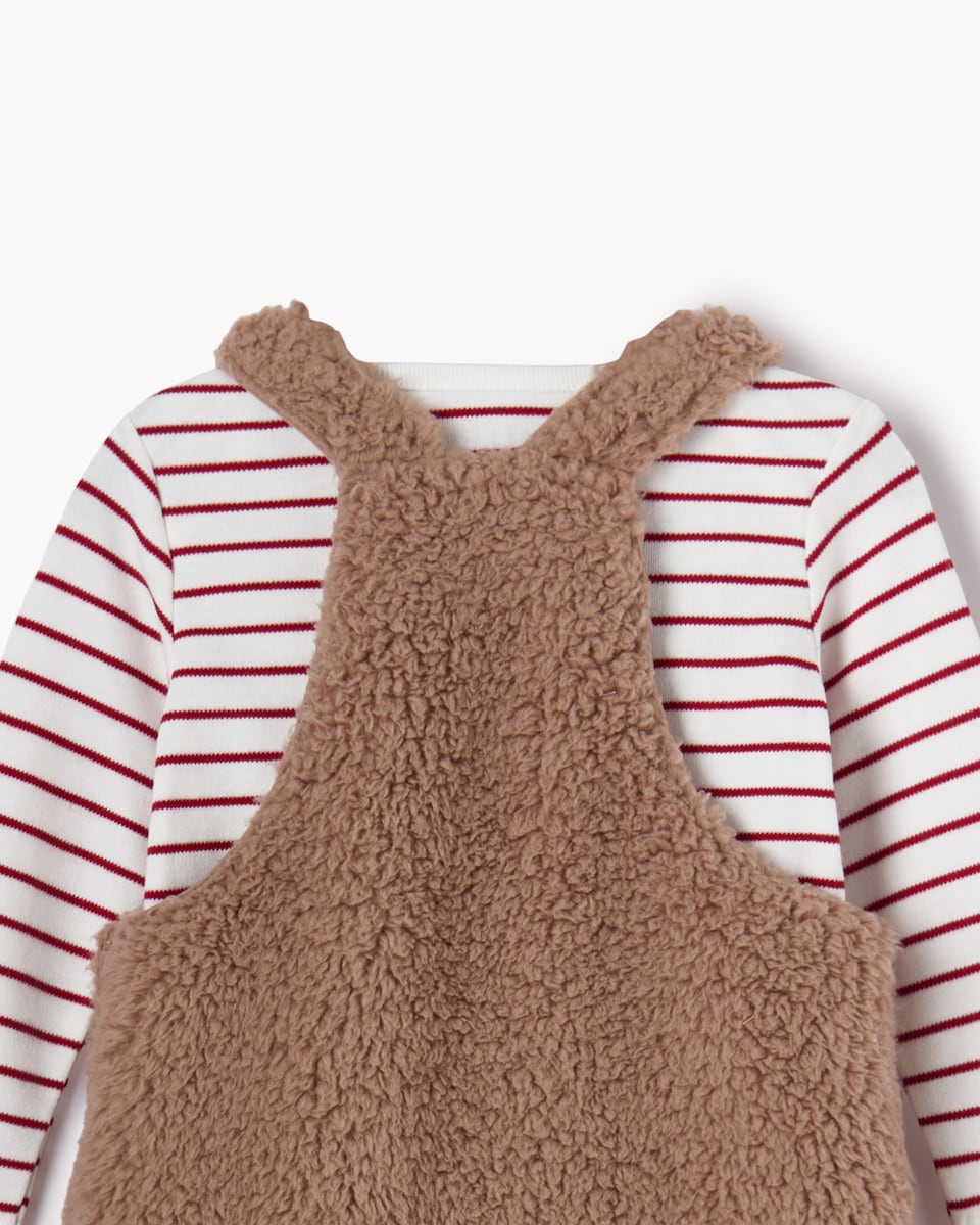 image 1 of Christmas Baby Borg Reindeer Dungarees and Striped Bodysuit Set in Brown
