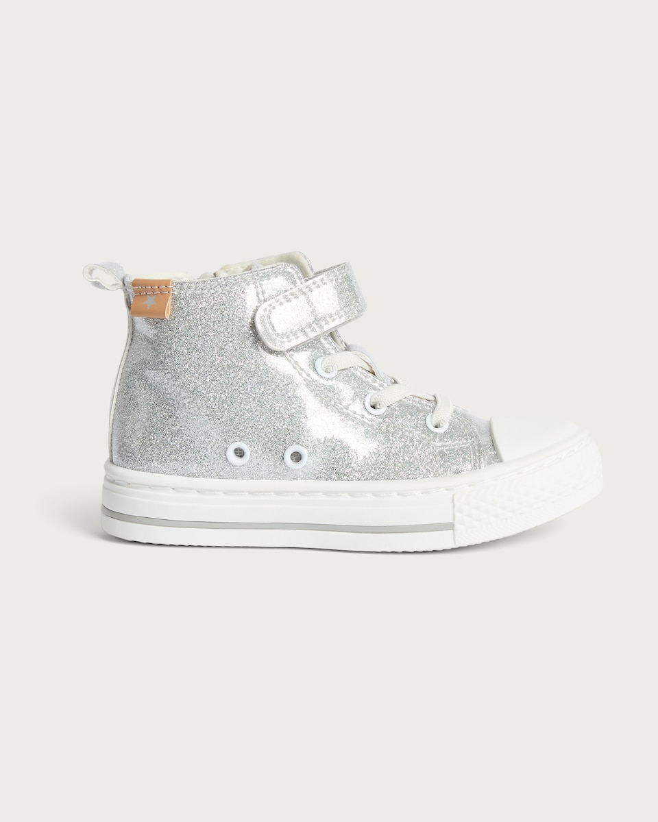 image 1 of F&F Girls Glitter Touch Fastening High Top Trainers in Silver
