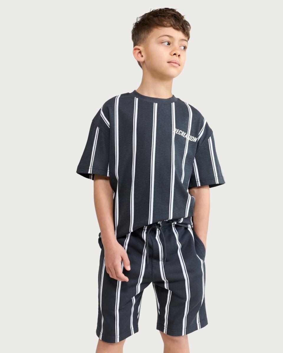 image 1 of F&F Boys 2-Piece Pure Cotton Striped T-Shirt and Shorts Set in Grey