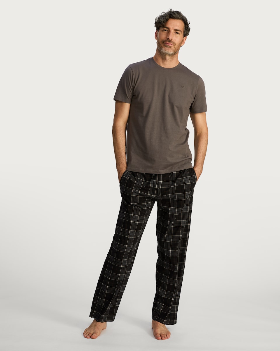 image 1 of F&F Check Print Fleece Bottom Pyjama Set in Brown