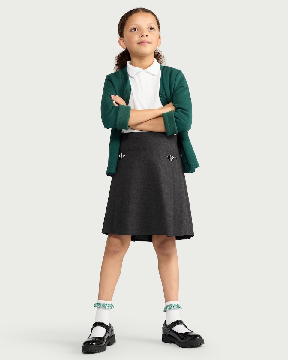 image 1 of F&F Girls School Buckle Pleated Skirt in Grey