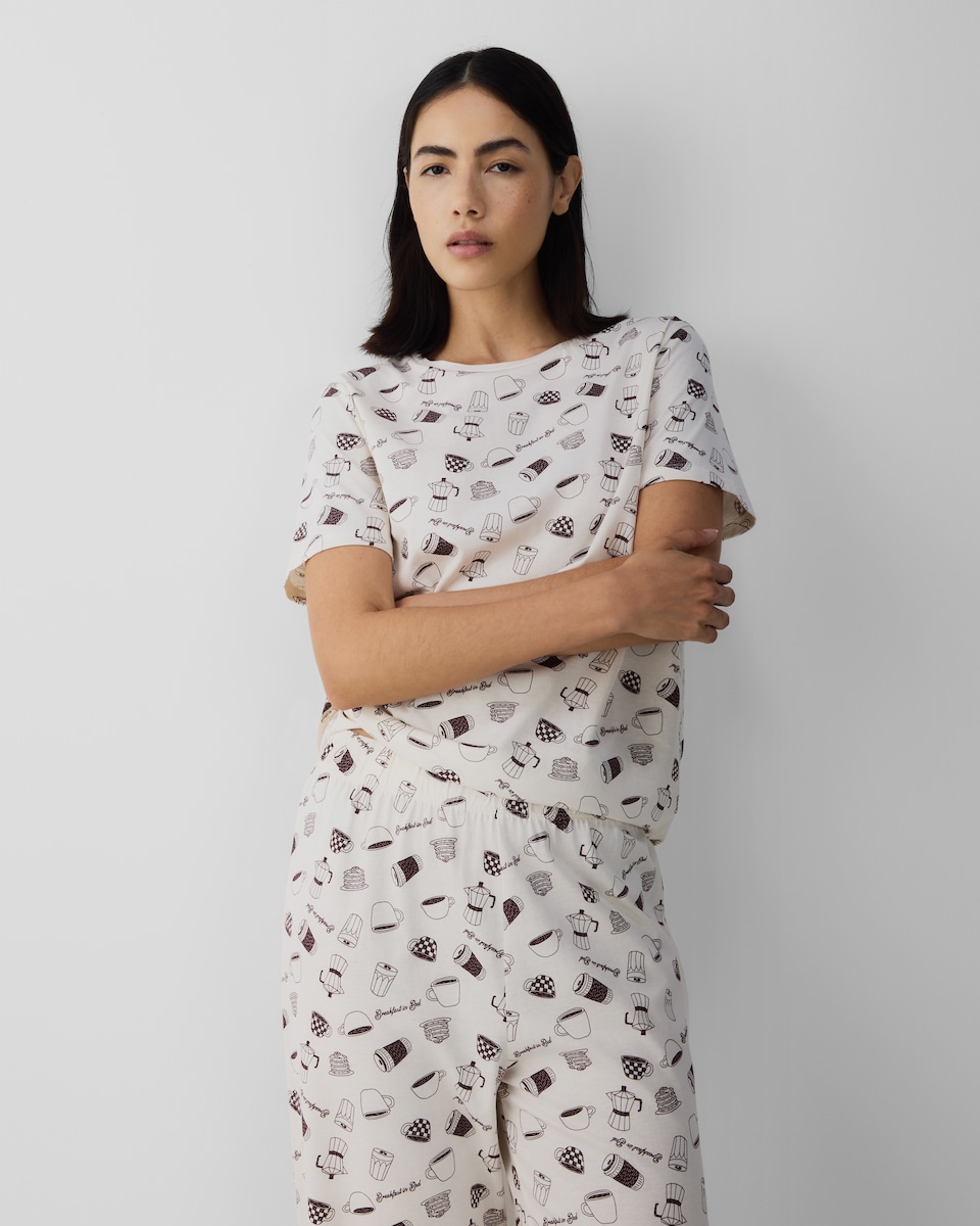 image 1 of F&F Pure Cotton Breakfast Print Pyjama Set in Cream