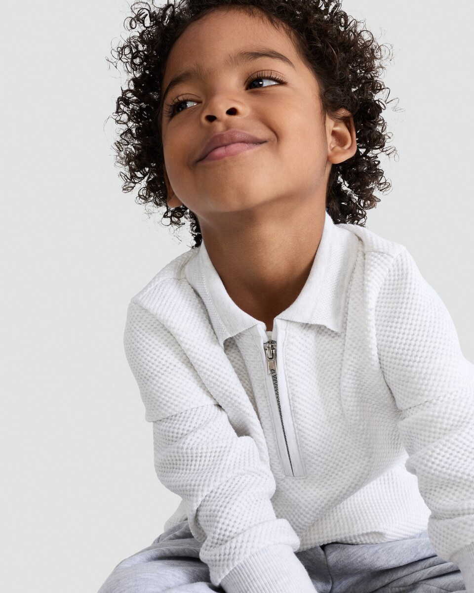 image 1 of F&F Boys Cotton Blend Textured Half Zip Polo Top in Grey