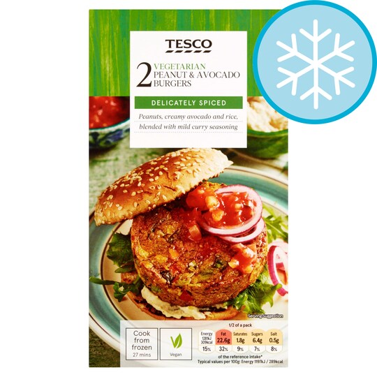 Tesco 2 Vegan Peanut & Avocado Burgers 227G Tesco Groceries