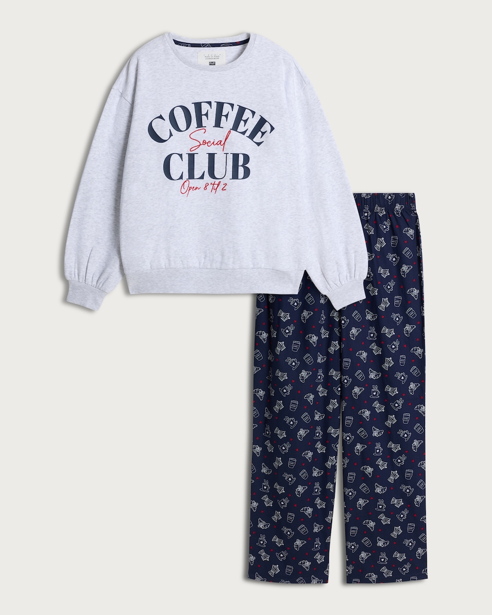 image 1 of F&F Coffee Club Slogan Pyjama Set in Grey