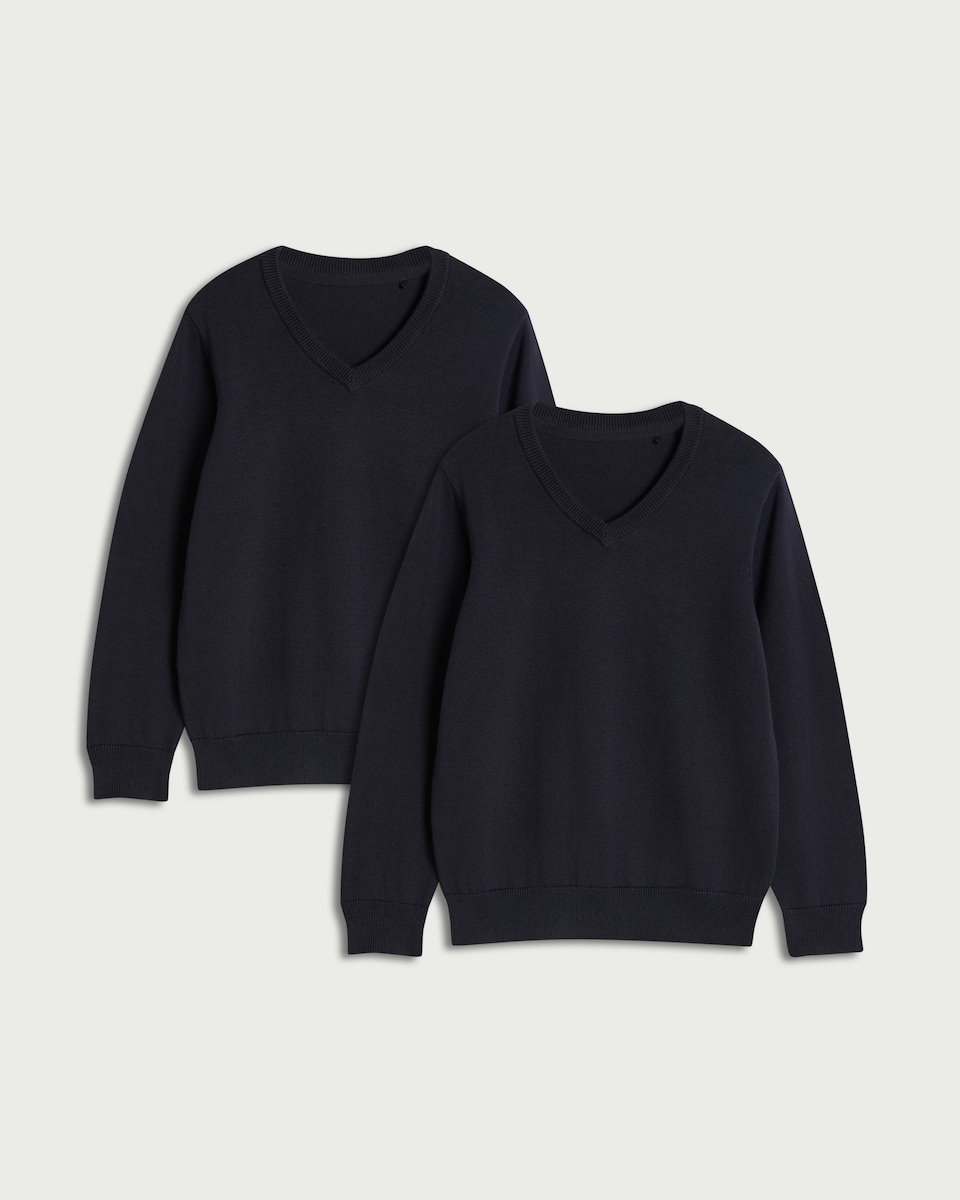 image 1 of F&F School Unisex 2-Pack Pure Cotton V-Neck Jumpers in Navy